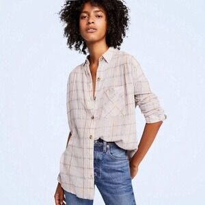 Free People Break My Stride Oversized Plaid Button Down Top in Pink Size Small